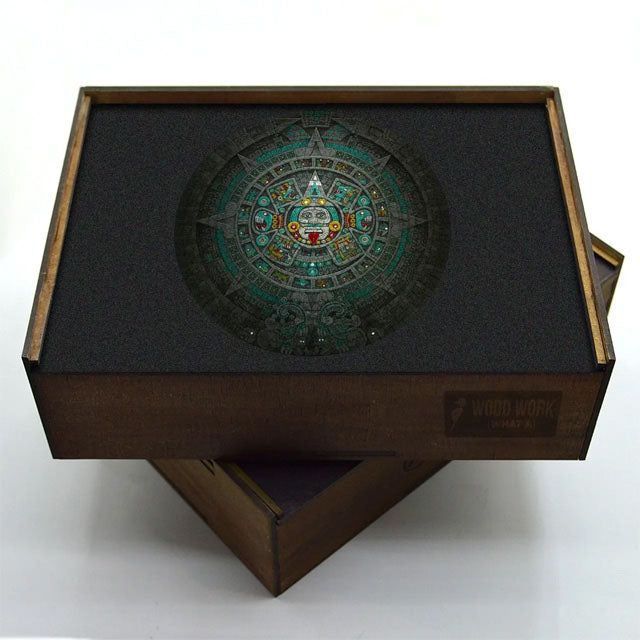 Aztec Calendar wooden jigsaw puzzle display box with image on lid