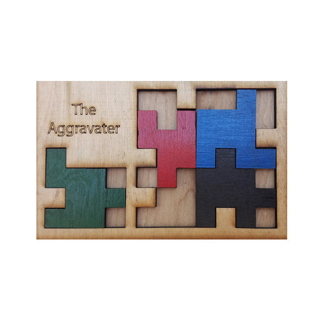 The Aggravater wood packing puzzle in unsolved position.