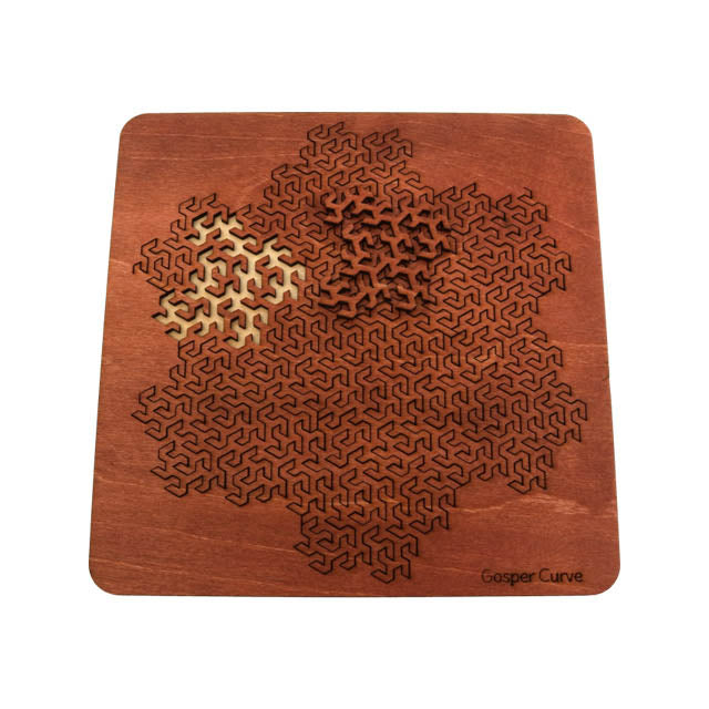 Gosper Curve wood fractal puzzle by Martin Raynsford with Mahogany stain.