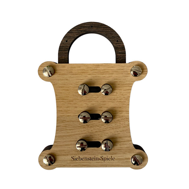 gravity wooden trick lock puzzle by Jurgen Reiche of Siebenstein-Spiele. Back.