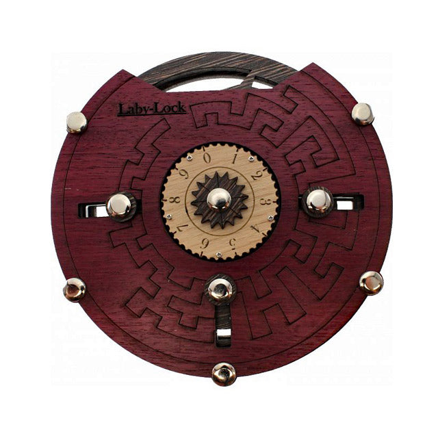 Laby Lock wooden trick lock (Labyrinth Lock) puzzle by Jurgen Reiche of Siebenstein-Spiele. Front.