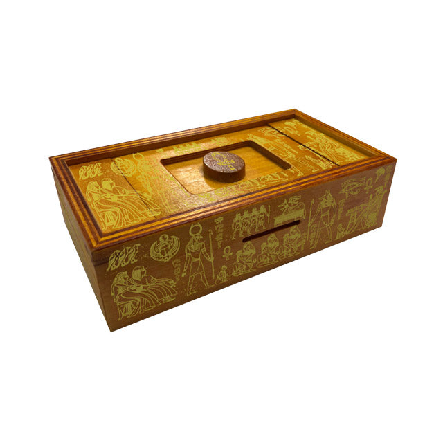 Pharaoh's Tomb secret locking puzzle box by True Genius. Made of wood. Measures 3.5" x 7.5" x 2.75"